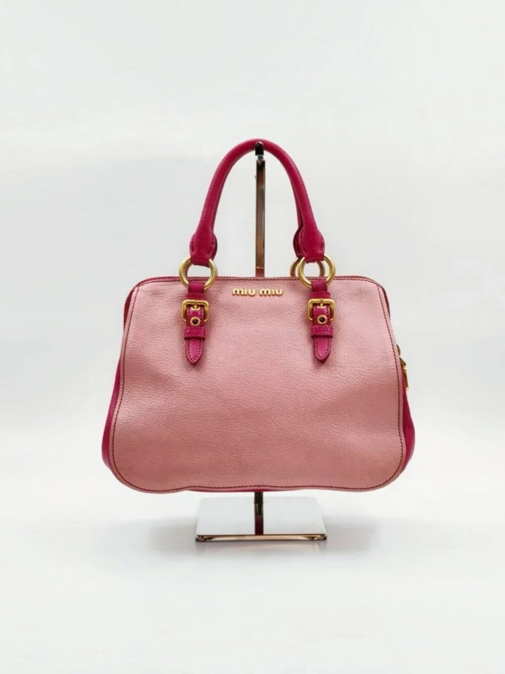 Miu Miu Two-Tone Pink Madras Leather Dome Satchel Crossbody Bag